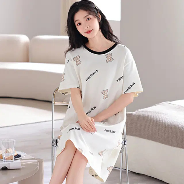 怀尔蔚 简约亲肤圆领套头休闲薄款透气可外穿短袖睡裙 女款 浅灰色