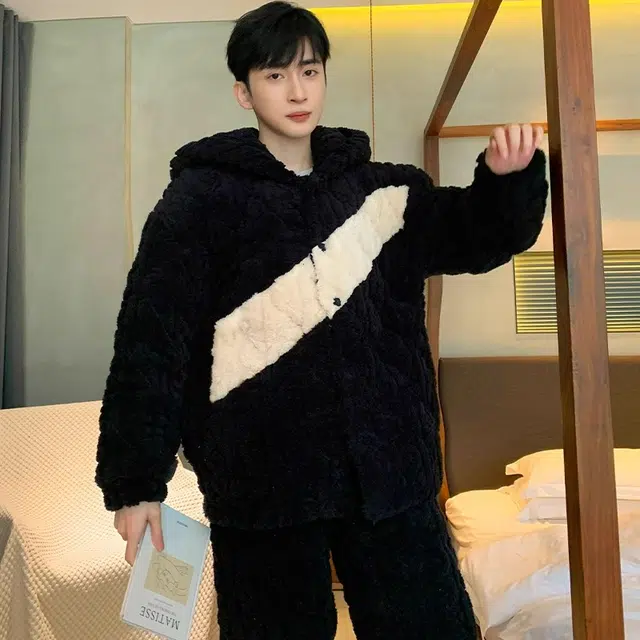 怀尔蔚 男士加厚珊瑚绒夹棉家居服可外穿保暖睡衣套装 男款 图片色