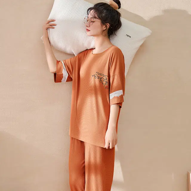 怀尔蔚 休闲薄款透气短袖亲肤凉感长裤睡衣套装 女款 图色