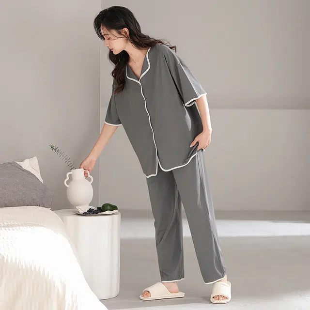 怀尔蔚 舒适纯色透气短袖长裤家居服可外穿睡衣套装 女款 图片色