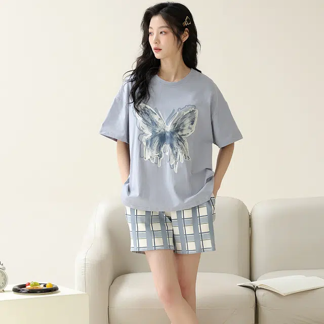 怀尔蔚 休闲薄款短袖透气短裤睡衣套装 女款 图色