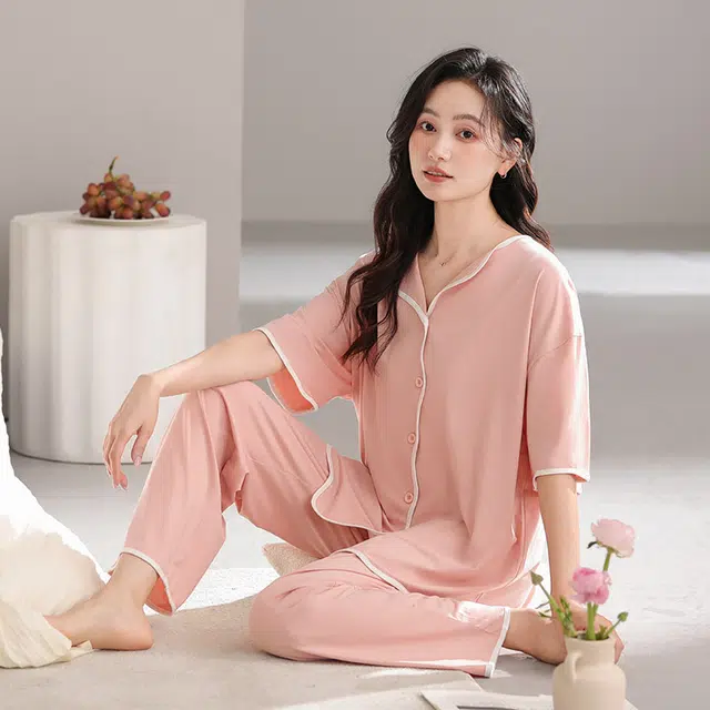怀尔蔚 舒适柔软可外穿短袖长裤睡衣套装 女款 图片色