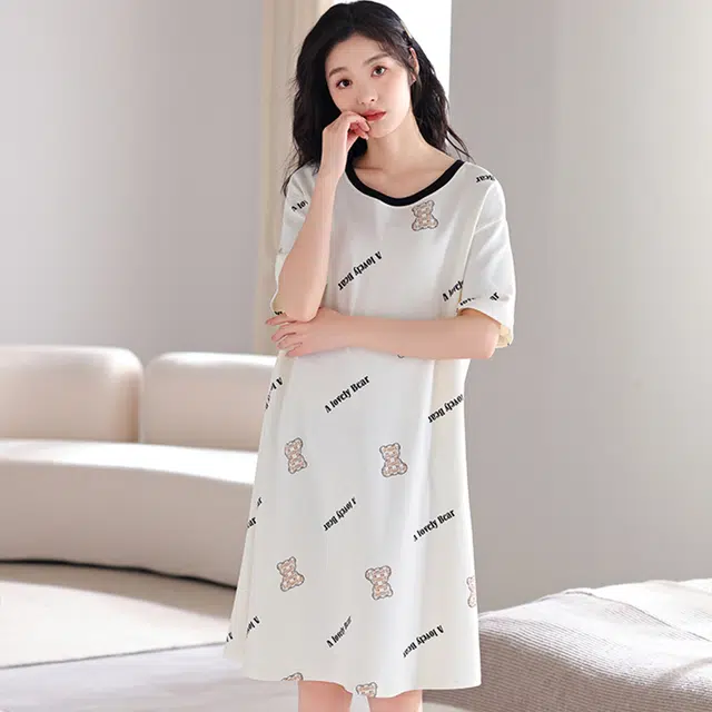 怀尔蔚 简约亲肤圆领套头休闲薄款透气可外穿短袖睡裙 女款 浅灰色