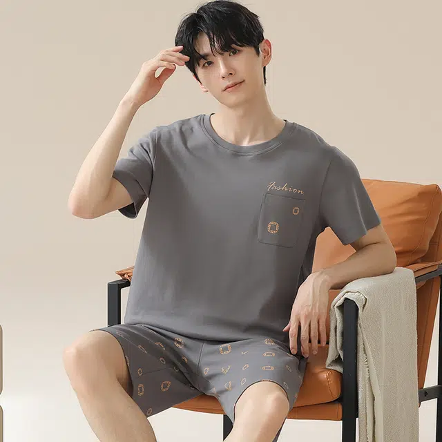 怀尔蔚 夏天可外穿舒适短袖睡衣套装 男款