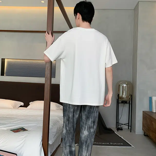 怀尔蔚 舒适圆领套头宽松休闲薄款透气短袖松紧腰长裤睡衣套装 男款 白色