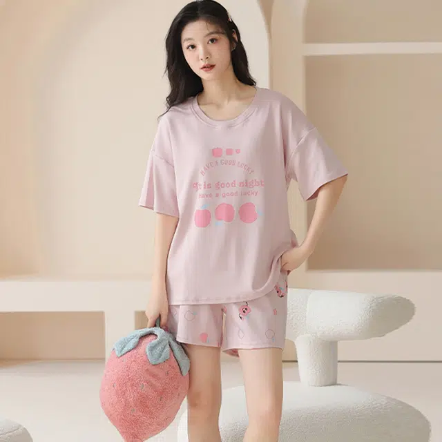 怀尔蔚 简约亲肤舒适甜美印花圆领套头短袖休闲透气可外穿短裤睡衣套装 女款 粉色
