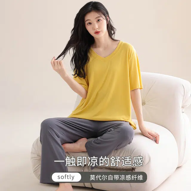怀尔蔚 舒适凉感透气短袖上衣家居服可外穿长裤睡衣套装 女款 图片色