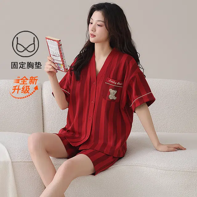 怀尔蔚 可外穿舒适薄款透气短袖三分裤睡衣套装 女款
