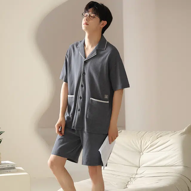 怀尔蔚 翻领舒适纯色短袖上衣家居服可外穿五分裤睡衣套装 男款 图片色