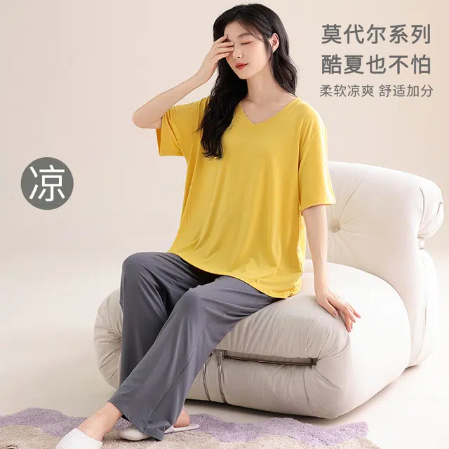 怀尔蔚 舒适凉感透气短袖上衣家居服可外穿长裤睡衣套装 女款 图片色
