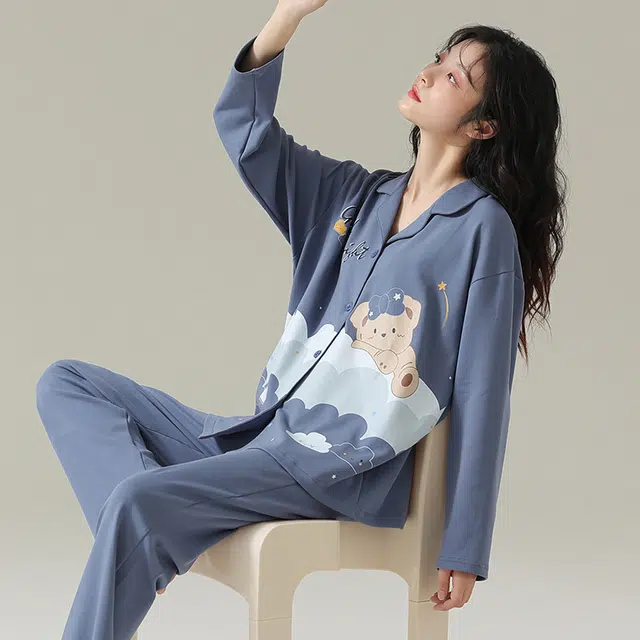 怀尔蔚 翻领单排扣长袖上衣纯色长裤睡衣套装 女款 蓝色