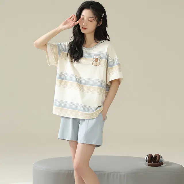 怀尔蔚 条纹休闲薄款短袖透气纯色短裤睡衣套装 女款 图色
