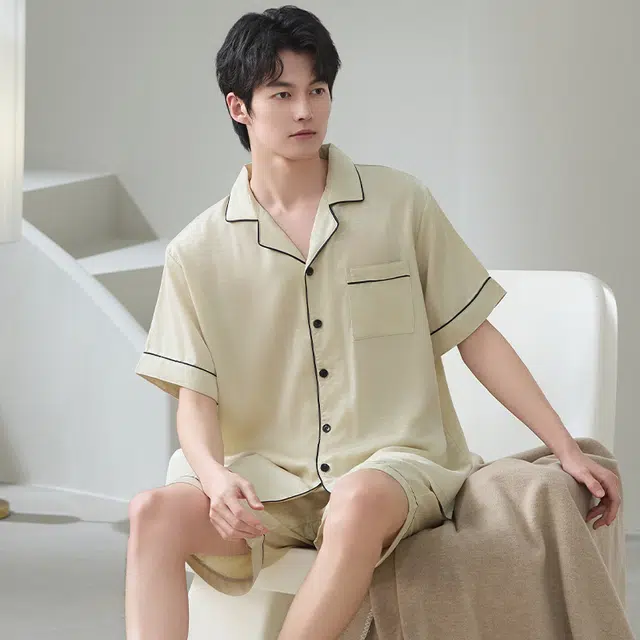 怀尔蔚 翻领开衫短袖可外穿舒适家居服睡衣套装 男款 图片色