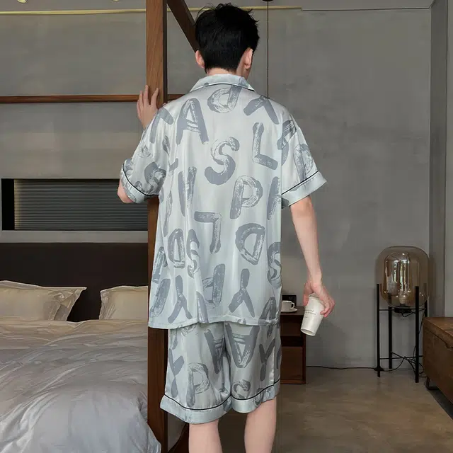 怀尔蔚 翻领单排扣休闲薄款透气短袖上衣松紧腰短裤睡衣套装 男款 浅灰