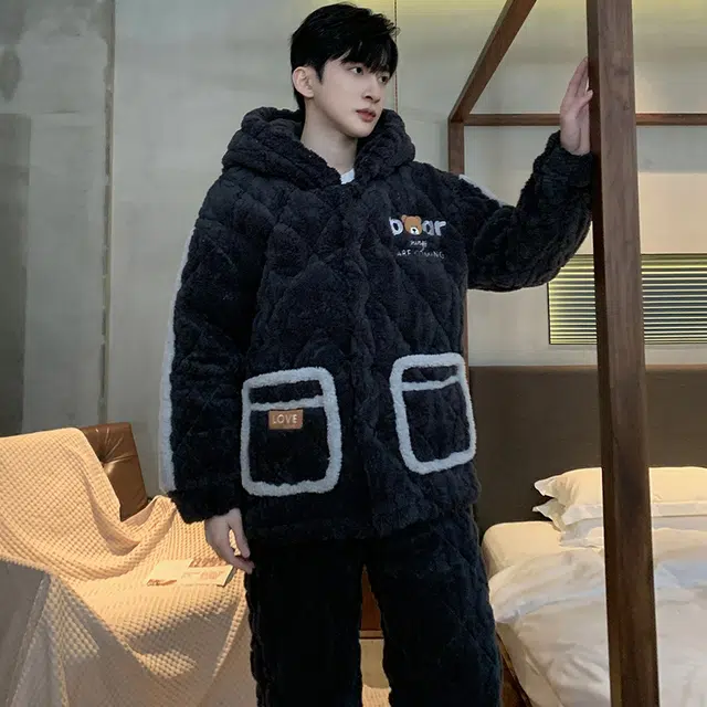 怀尔蔚 加绒加厚保暖卡通连帽可外穿居家睡衣套装 男款