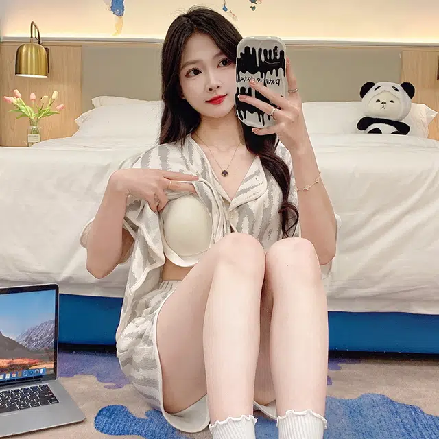 怀尔蔚 休闲薄款透气短袖上衣三分裤睡衣套装 女款 图色