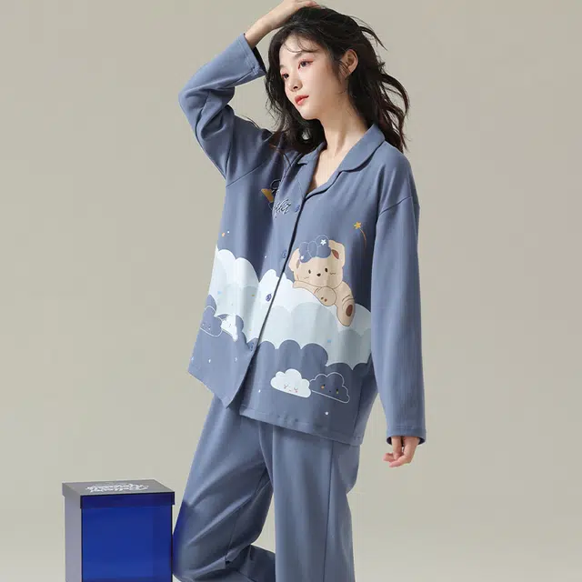 怀尔蔚 翻领单排扣长袖上衣纯色长裤睡衣套装 女款 蓝色
