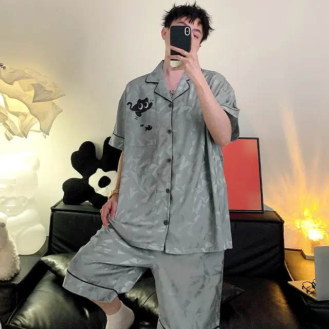 怀尔蔚 翻领开衫短袖舒适薄款居家服睡衣套装 男款