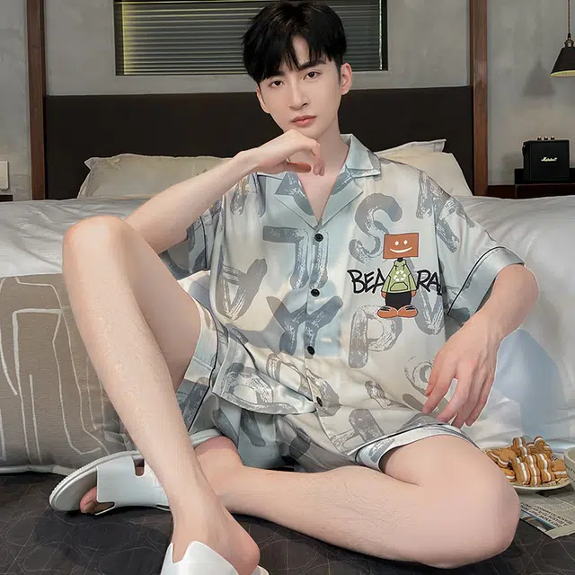 怀尔蔚 翻领单排扣休闲薄款透气短袖上衣松紧腰短裤睡衣套装 男款 浅灰