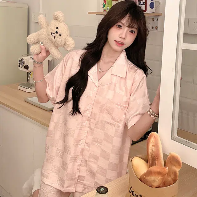 怀尔蔚 格子印花短袖上衣休闲薄款透气三分裤睡衣套装 女款 图片色