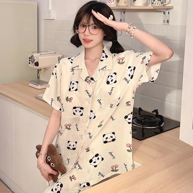 怀尔蔚 简约甜美卡通透气亲肤舒适短袖上衣休闲可外穿三分裤睡衣套装 女款 杏色