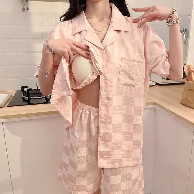 怀尔蔚 格子印花短袖上衣休闲薄款透气三分裤睡衣套装 女款 图片色