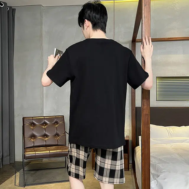 怀尔蔚 简约个性条纹口袋短袖休闲舒适亲肤短裤睡衣套装 男款 黑色