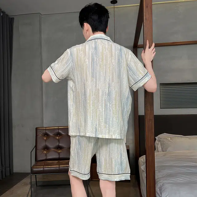 怀尔蔚 简约休闲透气亲肤翻领开衫短袖上衣舒适可外穿短裤睡衣套装 男款 杏色