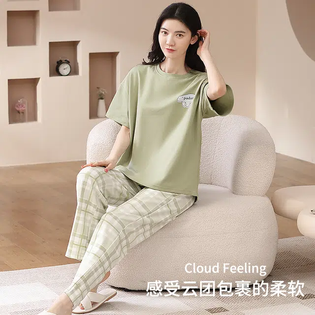 怀尔蔚 可外穿舒适卡通短袖长裤睡衣套装 女款 图片色