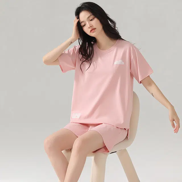 怀尔蔚 舒适透气圆领短袖上衣可外穿家居服三分裤睡衣套装 女款 图片色