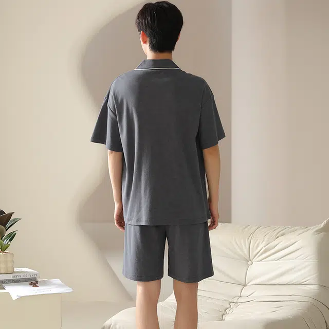 怀尔蔚 翻领舒适纯色短袖上衣家居服可外穿五分裤睡衣套装 男款 图片色