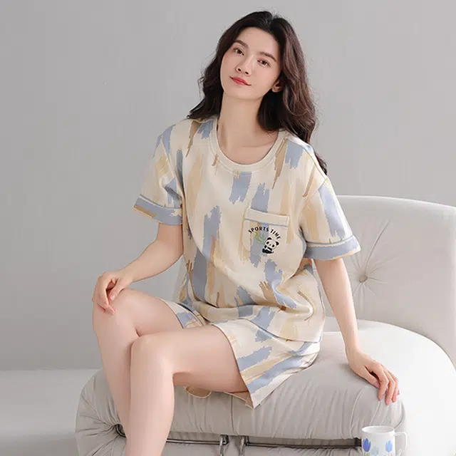 怀尔蔚 舒适透气短袖上衣可外穿三分裤睡衣套装 女款 图片色