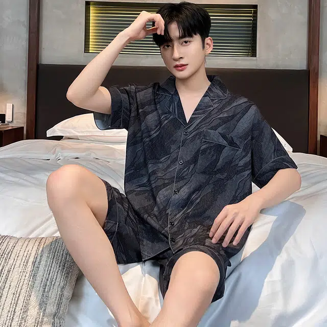 怀尔蔚 舒适薄款翻领开衫短袖家居服睡衣套装 男款