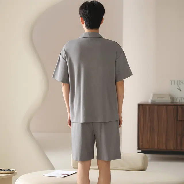 怀尔蔚 翻领纯色短袖上衣家居服可外穿舒适五分裤睡衣套装 男款 图片色