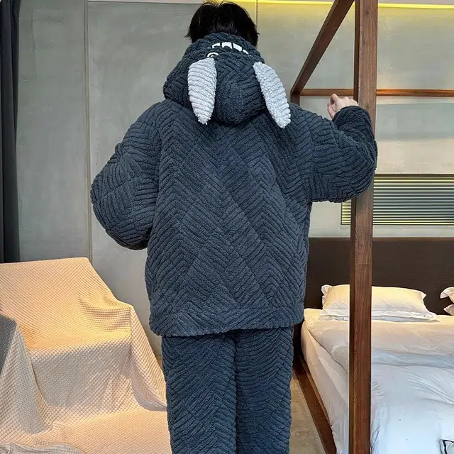 怀尔蔚 卡通连帽珊瑚绒加绒加厚三层夹棉保暖可外穿家居服睡衣套装 男款