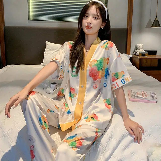 怀尔蔚 甜美卡通印花宽松休闲薄款透气短袖上衣松紧短裤长裤睡衣套装 女款 图片色