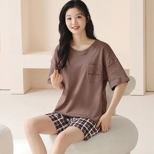 怀尔蔚 条纹休闲短袖薄款透气短裤睡衣套装 女款