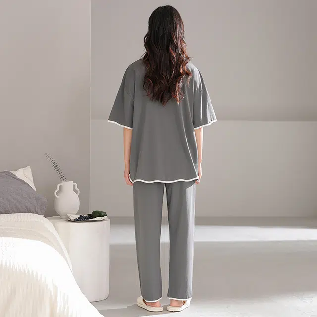 怀尔蔚 舒适纯色透气短袖长裤家居服可外穿睡衣套装 女款 图片色
