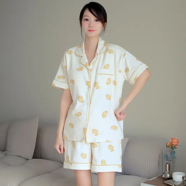 怀尔蔚 甜美短袖短裤宽松休闲薄款透气睡衣套装 女款 图片色