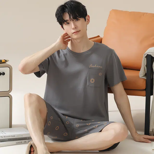 怀尔蔚 夏天可外穿舒适短袖睡衣套装 男款