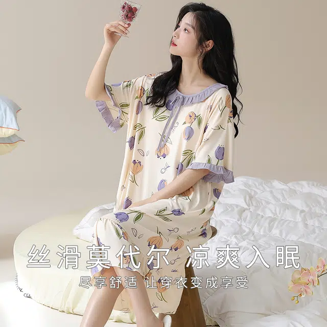 怀尔蔚 花边圆领套头休闲透气短袖睡裙 女款 图片色