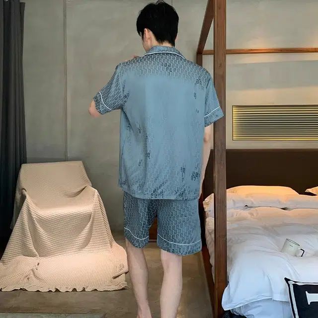怀尔蔚 翻领短袖上衣舒适亲肤短裤睡衣套装 男款 蓝色