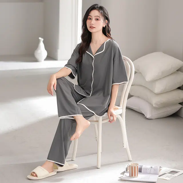 怀尔蔚 舒适纯色透气短袖长裤家居服可外穿睡衣套装 女款 图片色