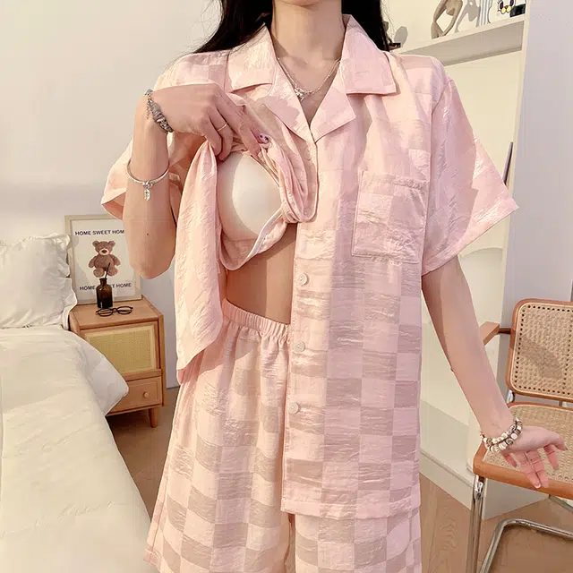 怀尔蔚 格子印花短袖上衣休闲薄款透气三分裤睡衣套装 女款 图片色