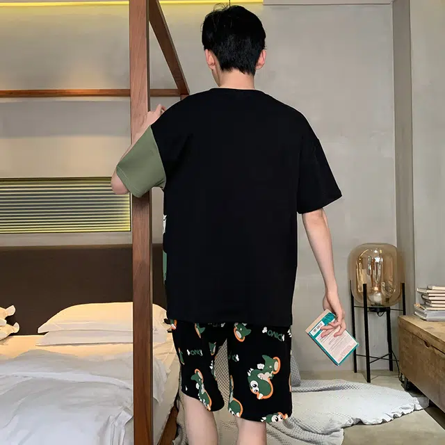 怀尔蔚 可爱小恐龙印花圆领套头短袖睡衣套装 男款 绿色