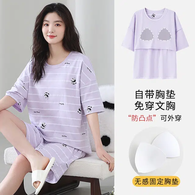 怀尔蔚 可外穿舒适短袖三分裤睡衣套装 女款