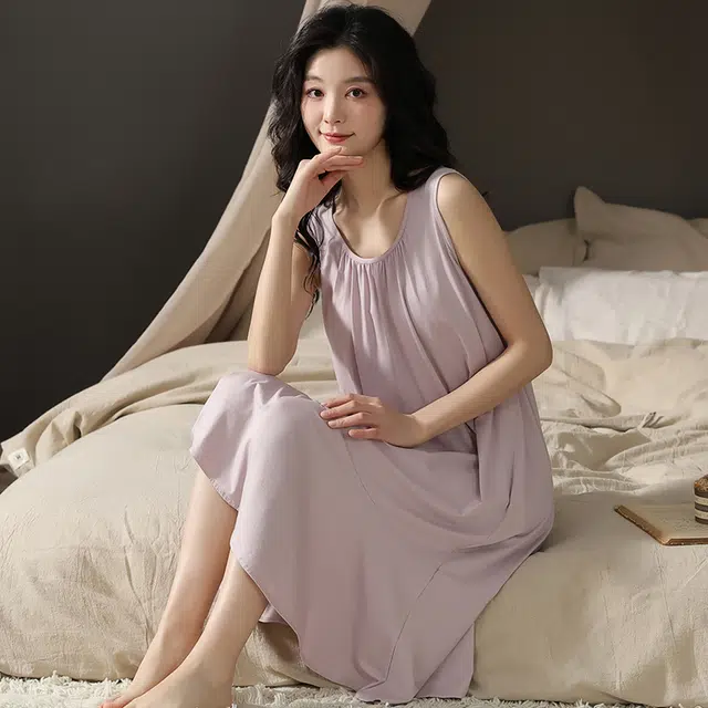 怀尔蔚 纯色宽松休闲薄款透气无袖吊带家居服睡裙 女款 紫色
