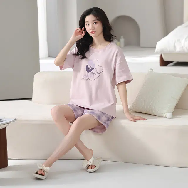 怀尔蔚 舒适透气甜美短袖上衣格子可外穿三分裤睡衣套装 女款 图片色