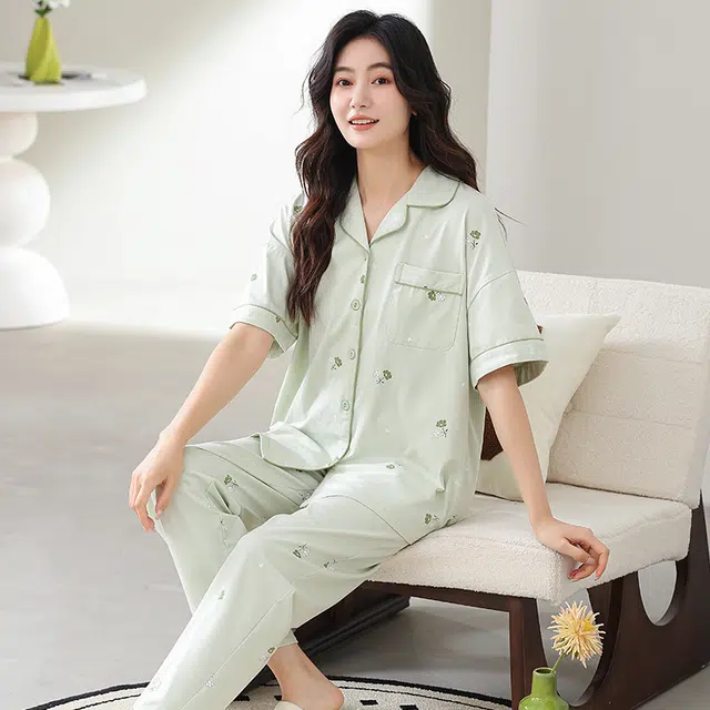 怀尔蔚 可外穿舒适薄款短袖上衣家居服长裤睡衣套装 女款