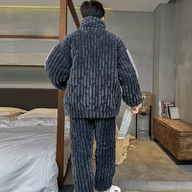 怀尔蔚 加绒加厚家居服可外穿保暖舒适亲肤长袖长裤睡衣套装 男款 图片色